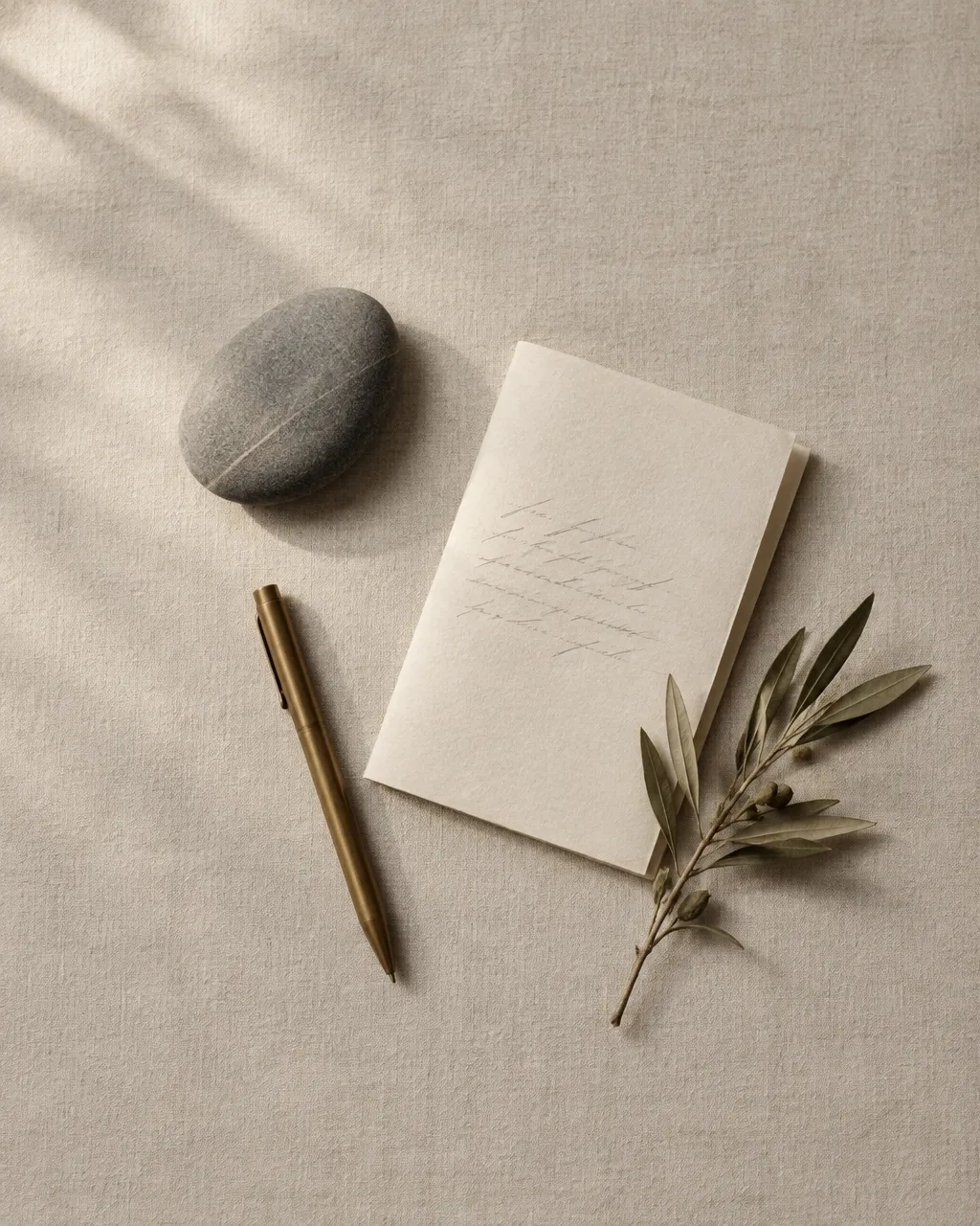 A stone, notebook, pen, and olive branch arranged on a warm neutral surface